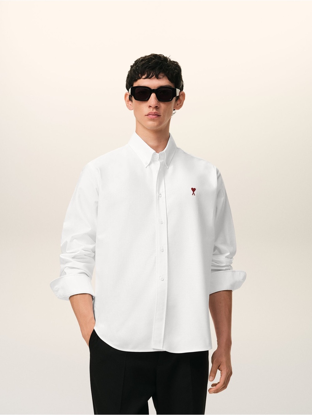 Ami Natural White Button-Down Shirt with Red Heart Logo